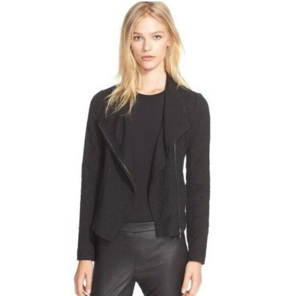 Vince Stretch Frise Asymmetrical Moto Black Knit Cotton Blend Jacket Size Small - Picture 2 of 11